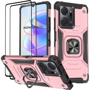 Kal-Coque Pour Honor X7a, Verre Trempé [2 Pièces] + Housse Tpu Silicone Rotation 360° Aimant Anneau Support Double Défense Protection Etui - Or Rose - Neuf