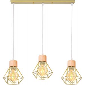 Gerg-3 Lampes Suspensions Luminaire Industrielles, Plafonnier E27 Vintage Lustre Dor&eacute; Salon Lampe Plafond M&eacute;tal Et Bois Forme Cage &Oslash;160mm &Eacute;clairage De Plafond Interieur (3 Lampes-Avec Bois-Barre) - Neuf