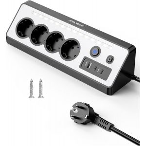 Multiprise de bureau, 4 prises, avec USB et 2 types C, 16 A, 3680 W, avec 2 interrupteurs, protection contre les surtensions avec LED, multiprise pour cuisine, bureau, noir - Neuf