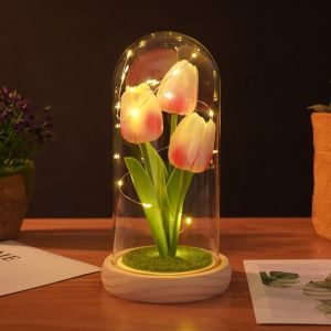 Tulip Eternelle Sous Cloche Avec Lumières Led Décoration D'Intérieur Veilleuse Dôme En Verre Fleurs Artificielles Cadeau Pour Anniversaire, Fête Des Mères,Saint-Valentin - Neuf