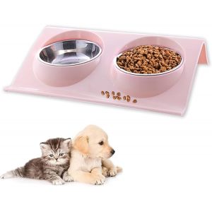 Bol Pour Animaux De Compagnie Set,Chien Animaux Feeder Bol, Gamelle Double Nourriture Inclinable &Agrave; 15&deg; Double Gamelle Chat Sur&eacute;lev&eacute;e Pour Petit Chien Et Chat Bol De Nourriture (Rose) - Neuf
