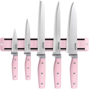 5 Pi&egrave;ces Set Couteau Cuisine Avec Porte Couteaux Aimant&eacute; (33 Cm),Couteaux De Cuisine Professionnels En Acier Inoxydable,Aimant Couteau Mural Pour Les Couteaux Et Les Ustensiles (Rosa) - Neuf