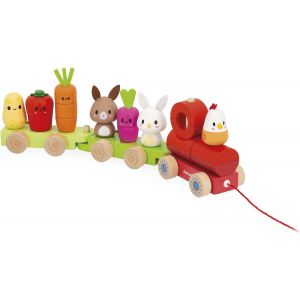 JGD-- Train en Bois &agrave; Tirer - Th&egrave;me Ferme - 3 Wagons et 19 Pi&egrave;ces - Jouet d'&eacute;veil &agrave; Tirer - Bois FSC et Peinture &agrave; l'eau - D&eacute;velopper la Motricit&eacute; Fine - D&egrave;s 12 Mois, J03314 - Neuf