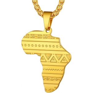 Trahoo-Collier Afrique Personnalisable,Pendentif Carte D`Afrique Avec Pays/Elephant/Lion Plaqué Or/Noir/Acier Inoxydable + Chaîne 55+5cm,Bijoux Africain Fantaisie Cadeau Original Pour Femme Homme - Neuf