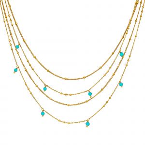 Collier Argent Doré Multiples Chaine Et Pierres Naturelles Turquoise - Neuf