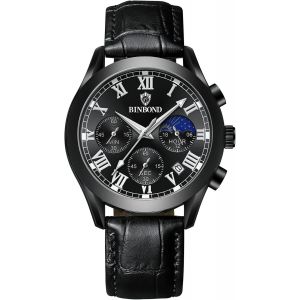 Eryi-Montre Homme Bracelet Cuir: Montre Multifonction En Cuir Avec Cadran À Chiffres Romains - Aiguilles Lumineuses, Chronographe,Calendrier, Étanche 3atm - Cadeau Anniversaire Fête Des Pères - Neuf