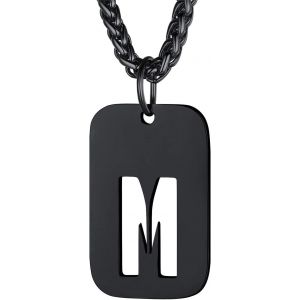 Trahoo-Collier Homme Plaque Initiale Noir En Acier Inoxydable, Chaîne Pendentif Dog Tag Avec L'alphabet Creux - Neuf