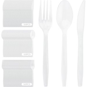 Kalanka-150 Pièces Couverts En Plastique, Couvert Plastique Reutilisable, Avec Fourchettes, Couteaux Et Cuillères, Bpa Freie, Couverts De Table, Pour Réunion De Famille, Camping (Transparent) - Neuf