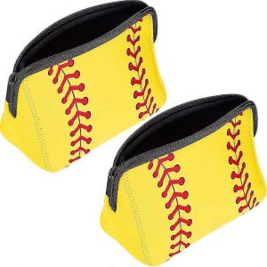 2 Pa Baseball Impression Maquillage Sac Softball Voyage Sac Cosmétique Pochette Pochette Néoprène Imperméable Avec Fermeture Éclair Pour Femmes Filles Voyage Teamates (jaune) - Neuf