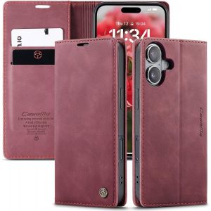 Maa-Coque Iphone 16 Plus Housse Antichoc En Cuir Pu Premium Fentes Cartes Etui Pochette De Portefeuille Avec Fonction Support Case À Rabat Pour Iphone 16 Plus - Vin Rouge - Neuf