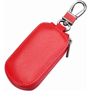 Étui de clé de voiture en cuir véritable,étui de protection universel pour clé de voiture,multifonction,fermeture éclair,porte-clés,portefeuille,pour homme,rouge - Neuf