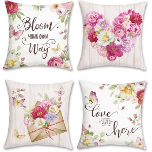 Tianyi-Housse De Coussin Fleurs 45 X 45 Cm Coeur D'amour Fleurs Rose Décoratif Fête Des Mères Taie D'oreiller Pour Jardin Maison Décoration Cadeau Pour Maman 4 Pièces - Neuf