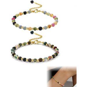 Lot De 2 Bracelets Pour Femme En Pierre Naturelle De 6 Mm, Plaqu&eacute; Or, Cristal De Boh&egrave;me, Pierres Pr&eacute;cieuses, Cadeau - Neuf