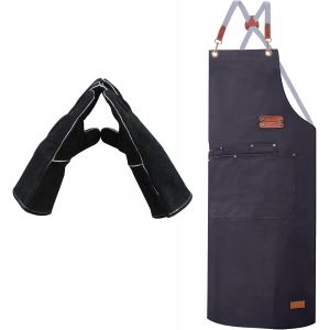 Ulteronixshop-Tablier de barbecue r&eacute;glable avec poches pratiques et gants de barbecue r&eacute;sistants &agrave; la chaleur - Ensemble de gants de barbecue id&eacute;al pour le barbecue et la cuisine - Tablier de cuisine noir - Neuf
