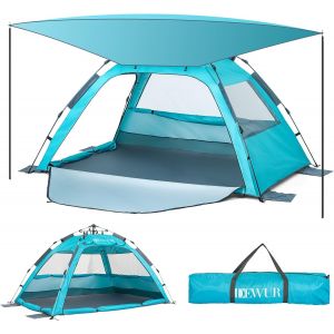 Checarzhn--No1-Tente De Plage Pop-Up Pour 2 À 4 Personnes, Avec Voile D'ombrage Upf 50+, Protection Solaire Uv, Étanche, Pour Famille, Plage, Camping, Jardin, Bleu - Neuf