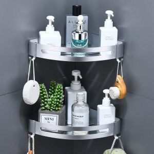 Étagère Rangement Salle De Bain,Etagere Angle Douche Sans Percage Tablette Metal Murale De Douche Avec Crochets, Serviteur Douche Installation Adhésif (Argent Sable Brillant,2 Niveaux) - Neuf
