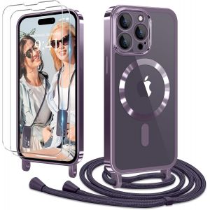 Ayu-Coque Pour Iphone 14 Pro Avec Cordon De Collier + 2×Verre Trempé, Coque Transparente Silicone Tpu Bumper Etui Housse Avec Cordon Réglable, Coque Magnétique Pour Iphone 14 Pro Violet - Neuf