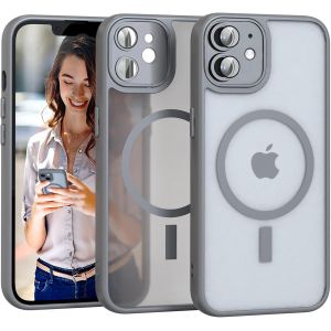 Brs-Magnétique Coque Iphone 12 Compatible Magsafe [Protection Caméra Intégrée] Housse Ultra Fine Anti-Choc - Dos Translucide Mat + Bordure Tpu Souple - Neuf
