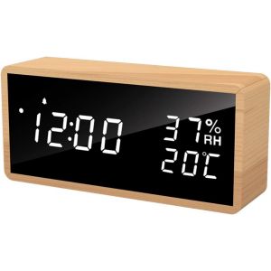 Réveil numérique en bois, horloge numérique avec 3 réglages d'alarme, réveil électronique alimenté par USB, fonction snooze, affichage LED de l'heure, de la température et de l'humidité, blanc - Neuf