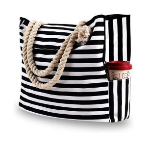 Sac de plage élégant en toile imperméable à rayures noires et blanches - Parfait pour les voyages, la salle de sport, la natation et les aventures à la plage ! - Neuf