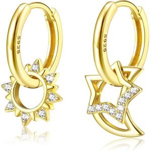 Boucle D'oreille Argent 925 ¿ Boucle D'oreille Enfant Fille, Cz Boucle D Oreille Etoile Et Lune, Cartilage Huggie Piercing Oreille Hypoallergéniques Boucles D'oreilles Pendantes Femme - Neuf