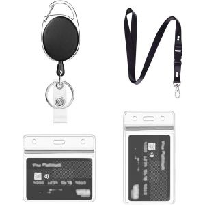 Porte Badge Avec Porte Carte Transparent, 1 Ensemble Comprend Cordon, Porte Badge Enrouleur Et Porte Carte &Eacute;tanche, Pour Porte Cl&eacute; D'identit&eacute; (Noir A01) - Neuf
