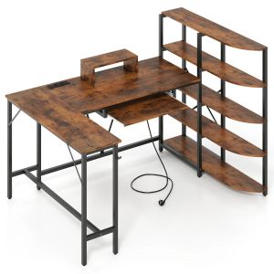 Bureau en L avec biblioth&egrave;que et station de charge 160 x 108 x 109,5 cm ergonomique moderne en bois d'ing&eacute;nierie marron rustique Helloshop26 20_0010907 - Neuf