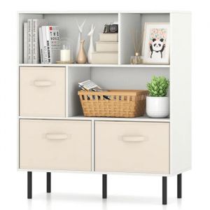 COSTWAY Biblioth&egrave;que &agrave; 4 Niveaux avec 6 Cubes, 3 Tiroirs en Tissu, Kits Anti-basculement pour Salon, Bureau, Chambre Blanc - Neuf