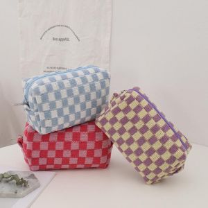 Lot de 3 grandes trousses de maquillage, trousse de rangement pour pinceaux, trousse de maquillage à carreaux et trousse de rangement pour articles de toilette de voyage - Neuf