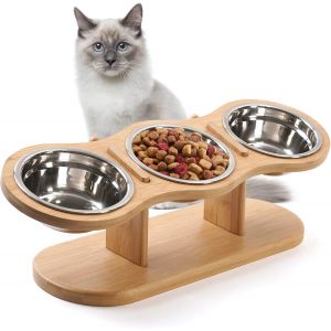 Cmws-Lot De 3 Gamelles Surélevées Pour Chat - Hauteur Réglable - Avec Support En Bois - Gamelles En Acier Inoxydable - Gamelles Pour Eau Et Nourriture - Gamelles Pour Chats, Petits Chiens - Neuf