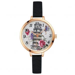 Gaiety Femmes Dames Filles Belle Tour Motif Quartz Mouvement Montre Montre-Bracelet (Noir) - Neuf