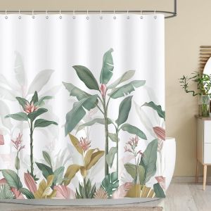 KALANKA-Rideau de douche en tissu polyester imperm&eacute;able avec 12 crochets Motif palmier et feuilles de bananier roses et vertes 183 x 183 cm - Neuf