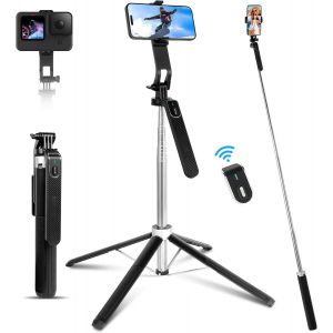 Perche a Selfie 180cm, Selfie Stick Quad Tripod, Rotation &agrave; 360&deg;, tr&eacute;pied Extensible en Aluminium pour t&eacute;l&eacute;phone Portable avec BT, Compatible avec iPhone Android Phone, Camera - Neuf