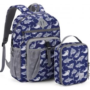 Cartable Fille Garçon Primaire, Poches Multiples 2 En 1 Set De Sac À Dos Enfant Scolaire 6 À 9 Ans Grande Capacité Sac D'École Avec Sac Repas Pour Voyage Randonnée Requin Gris - Neuf