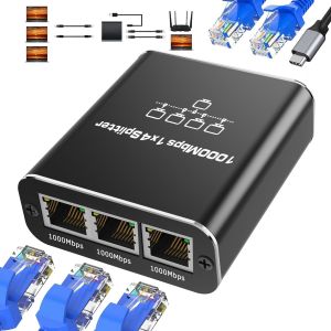4 Port Ethernet Switch,1000Mbps RJ45 Splitter 1 to 4 with Type C Power Cable,Gigabit LAN Splitter Cable Cat5 6 7 8,Network Switch for Computer Router Decoder - Neuf