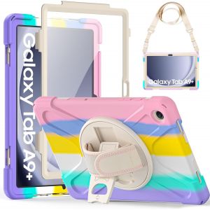 Coque Pour Samsung Galaxy Tab A9 Plus 11"" 2023, &Eacute;tui Armure Robuste Avec Protection D'&eacute;cran, Support Rotatif, Dragonne Et Bandouli&egrave;re, Coque Pour Tab A9+ Plus Sm-X210/X216/X218, Rose Color&eacute; - Neuf