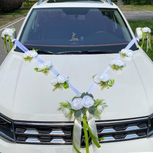 Mevronisshop-D&eacute;coration De Voiture De Capot De Mariage - Blanc, Contient 13 Grappes Fleurs En Soie Et 2 X 4,4 M De Ruban, D&eacute;coration De V&eacute;hicule De Qualit&eacute; Sup&eacute;rieure Pour Mariage, R&eacute;ception, C&eacute;r&eacute;mon - Neuf