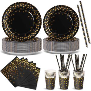 Kalanka-Anniversaire Vaisselle De Fete 120 Pièces Noir Or Party Assiette Anniversaire Set Comprendre Assiette Jetables Papier Tasses Serviettesr Pour Party Decoration Baby Shower -24 Invités - Neuf