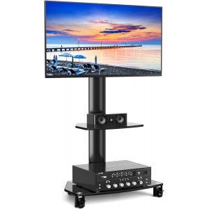 Support Tv Roulettes Avec Support Cantilever Chariot Tv Pour Ecran Télé 27-70 Pouces - Support Tv Sur Pied Avec Étagères Peut Supporter 50 Kg, Vesa 400X400 Mm - Neuf