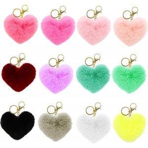 KAL-Lot De 12 Porte-Cl&eacute;s En Forme De Coeur Avec Pompons - Pour Filles Et Femmes - Neuf