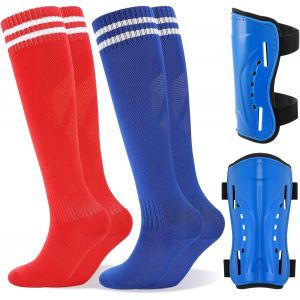 Kalanka-Lot De 2 Paires De Chaussettes De Football Pour Enfants Avec Prot&egrave;ge-Tibias Bleus Et Rouges - Chaussettes De Football Hautes Respirantes Pour Entra&icirc;nement De Football Junior (5-12 Ans) - Neuf
