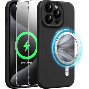 Brs-Coque Magnétique En Silicone Pour Iphone 15 Pro Max 6,7 Pouces Avec 2 Verre Trempé,Compatible Avec Magsafe Aimants Intégrés,Étui Housse Antichoc Anti-Rayures Case Pour Iphone 15 Pro Max,Noir - Neuf