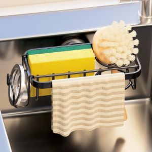 Eryi-4 En 1 Support Noir Pour Éponge D'évier Avec Ventouse Antirouille Support Réutilisable Pour Éponge D'évier De Cuisine Pour L'intérieur De L'stocker, La Brosse, Le Chiffon - Neuf