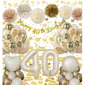 Decoration Anniversaire 40 Ans Femmes,Beige Or Ballon anniversaires 40 Ans,Bannière Joyeux Ballon 40 PomPoms en Papier Deco Anniversaire 40 pour Femmes - Neuf