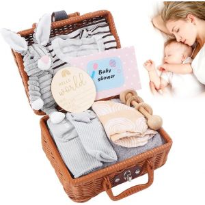 Yemaesre-Coffret Cadeau Pour Bébé, Cadeau De Nouveau-Né, Cadeau De Naissance Garçon, Cadeau Pour Bébé Fille, Ensemble 9 En 1 Avec Panier, Couverture, Jouets En Bois, Jouets En Peluche, Vêtements, Ser - Neuf