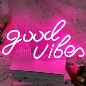 Good Vibes Panneau Lumineux Néon Led Pour Décoration Murale, Décoration Artistique, Décoration De Chambre, Fête D'anniversaire, Mariage, Saint-Valentin (Good Vibes-Rose), 40 X 24 Cm - Neuf
