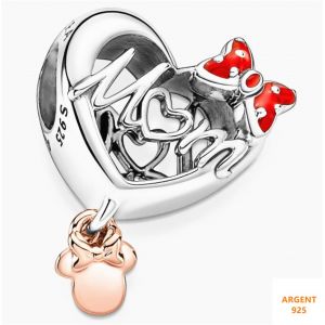 Charme Coeur Minnie Aime Maman - Argent 925 Disney Pendentif Breloque Pour Cha&icirc;ne D'os Serpent Bracelets Et Collier Femme - Neuf