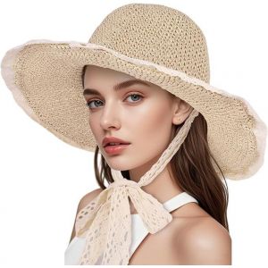Chapeau De Paille Pour Femme Avec Dentelle-Chapeau De Soleil À Large Bord Pliable-Chapeau De Paille En Crochet Élégant.[Z333] - Neuf
