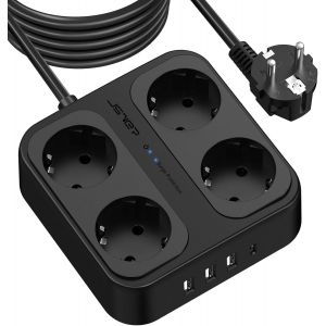 Multiprise Parasurtenseurs 5M,Multiprises Parafoudre Et Surtension 4 Prises Avec 3 Ports Usb A+1 Ports Usb C (5V3,4A) Pour Smartphone, Maison, Bureau-Noir - Neuf