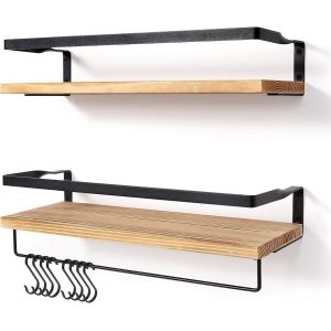 Lot de 2 étagères murales flottantes en Bois pour Chambre à Coucher, Salle de Bain, Salon, Cuisine avec 1 Barre Porte-Serviettes et 8 Crochets en S, Charge maximale de 15 kg - Neuf